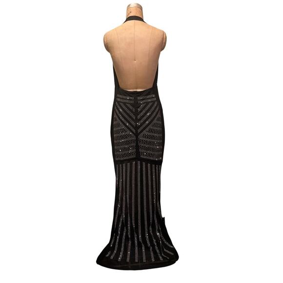 Black Halter Top Deep V-Neck Open Back Sheer Rhinestone Long Dress Size XXXL - Picture 4 of 13